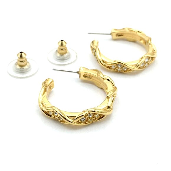 ELIZABETH TAYLOR Sparkle Kiss hoop earrings - 1" gold-tone clear rhinestone Avon - Picture 4 of 7
